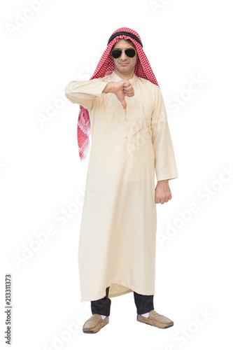 Handsome Confident Arab businessman showing thumbs down isolated on white background with clipping path.