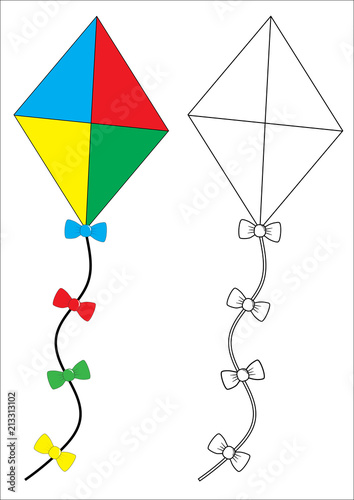 Kite. Coloring book, game for fids. Vector illustration.