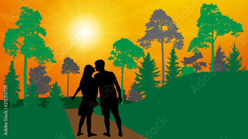 Loving couple (man and woman) walks in the park (forest) and kisses. Silhouette, vector.