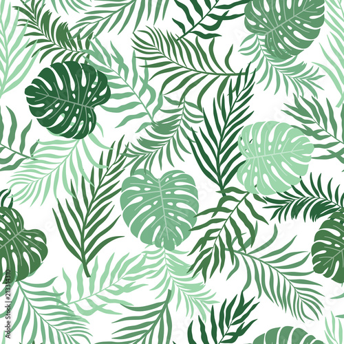 Tropical background with palm leaves. Seamless floral pattern. Summer vector illustration