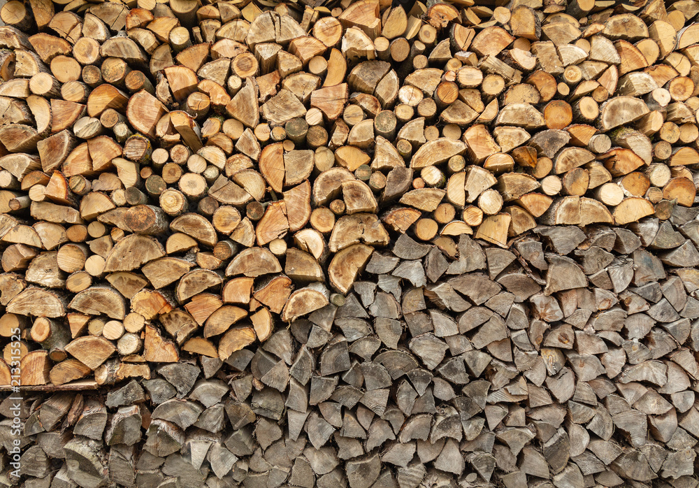 Stack of chopped firewood prepared for winter. wood background