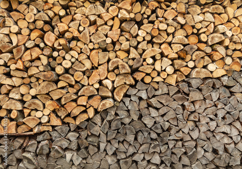 Stack of chopped firewood prepared for winter. wood background