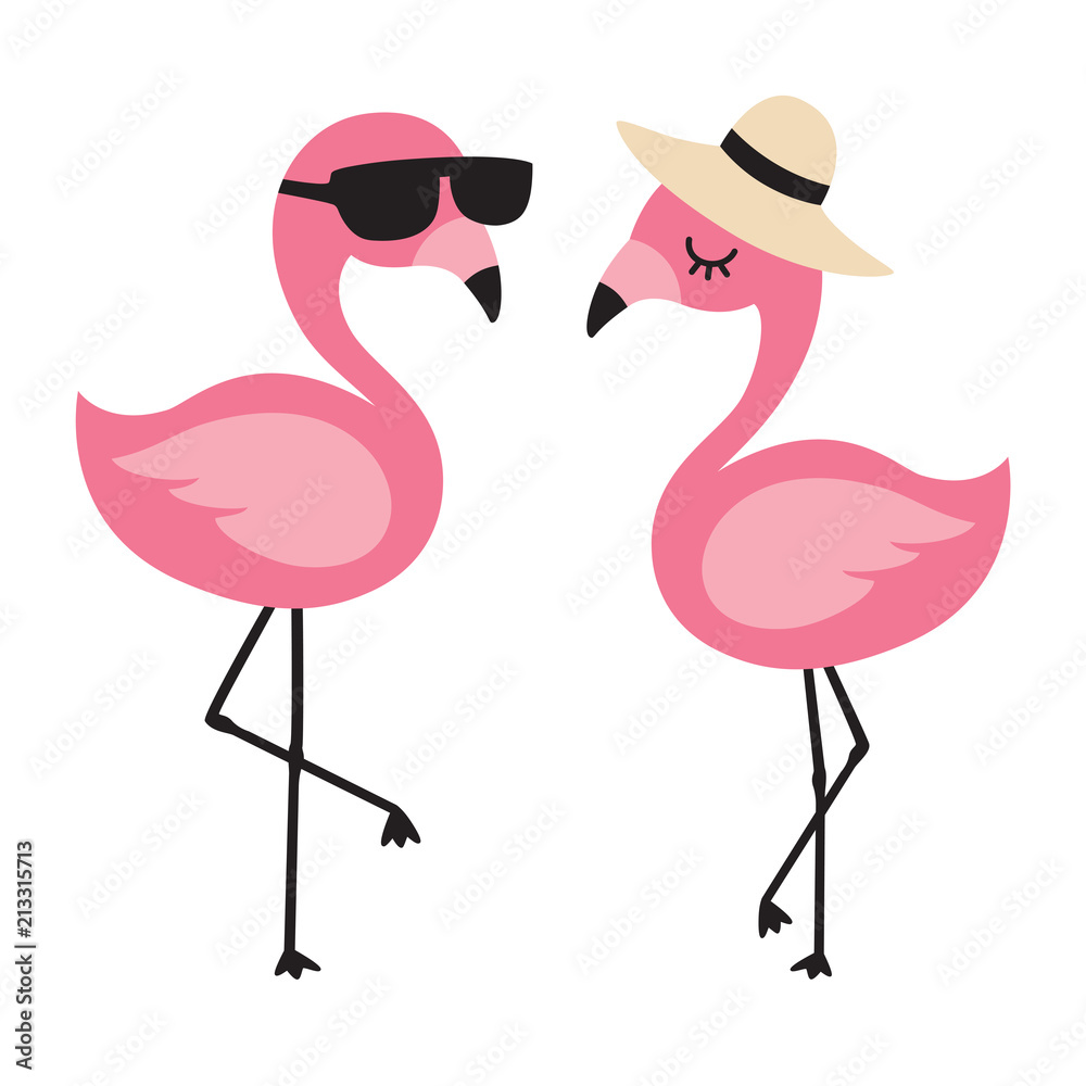 Obraz premium Ilustracja wektorowa słodkie flamingi na sobie okulary przeciwsłoneczne i kapelusz przeciwsłoneczny w lecie.