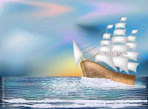 Sunrise card with sailing vessel , vector illustration
