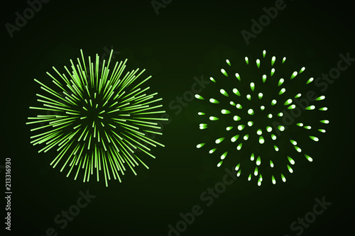 Beautiful green fireworks set. Bright fireworks isolated black background. Light green decoration fireworks for Christmas, New Year celebration, holiday festival, birthday card. Vector illustration
