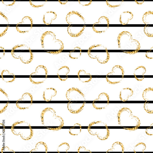 Gold heart seamless pattern. Black-white geometric stripes, golden grunge confetti-hearts. Symbol of love, Valentine day holiday. Design wallpaper, background, fabric texture. Vector illustration