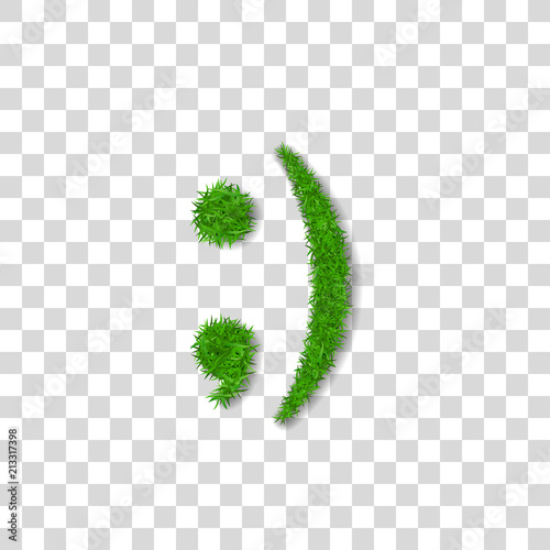 Green grass wink smile 3D. Smiley grassy emoticon icon Isolated white transparent background. Happy smiling sign. Symbol ecology, eco lawn, safe nature, happy emotion, fresh. Vector illustration