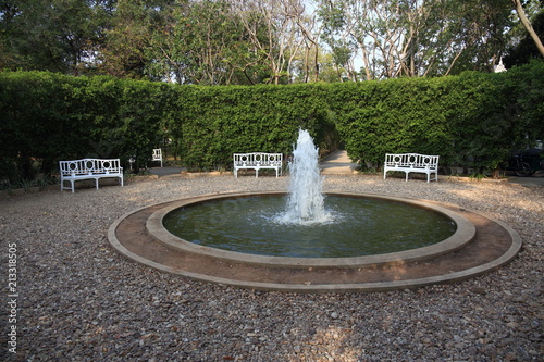 elegance circular shape water pool with a single foam jet fountain located at the center, in a green shrubs topiary grove. A garden outdoor room under trees canopy shade.