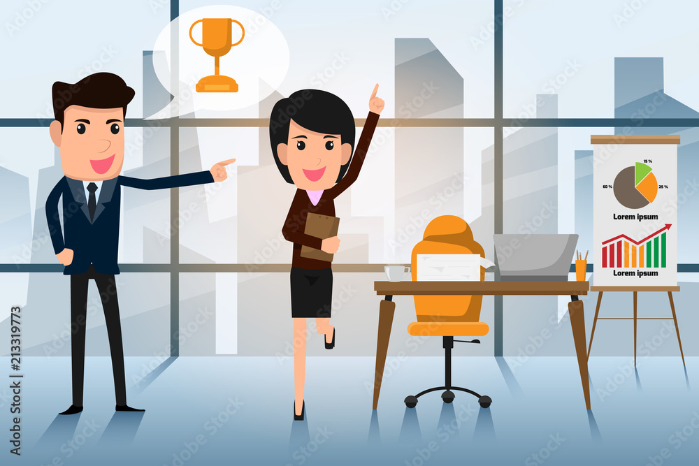 Obraz premium The boss is praising the employee for a successful job. business success character concept vector illustration.