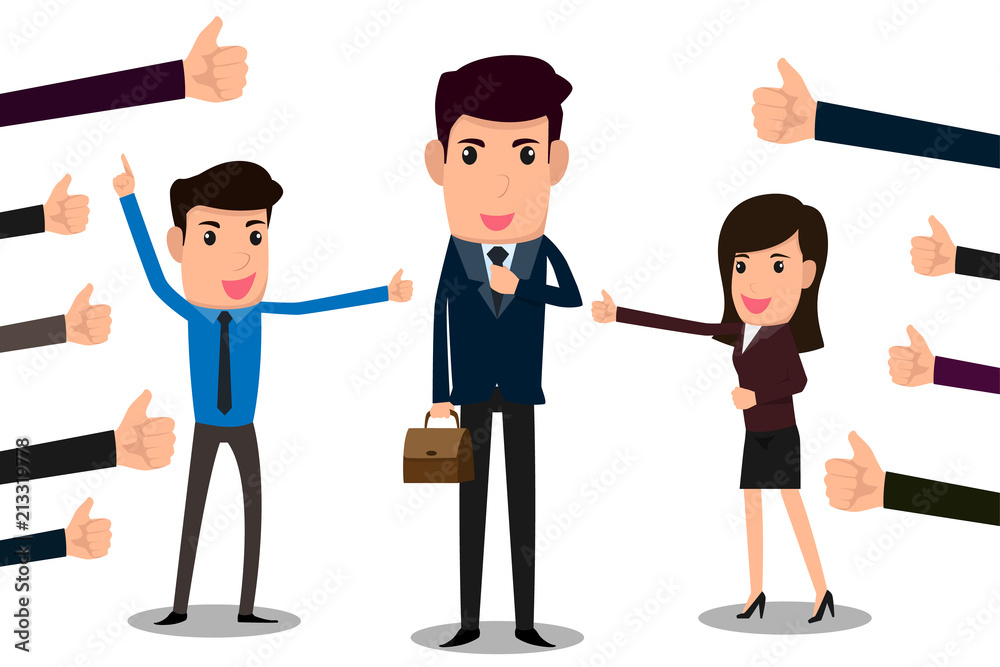 Happy and proud business man with many thumbs up hands around him. Business compliment concept. Happy and proud business man with many thumbs up hands around him. Business compliment concept.