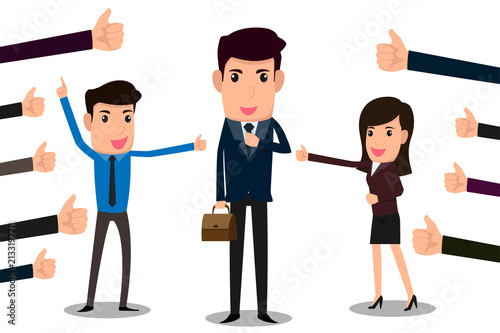 Happy and proud business man with many thumbs up hands around him. Business compliment concept.