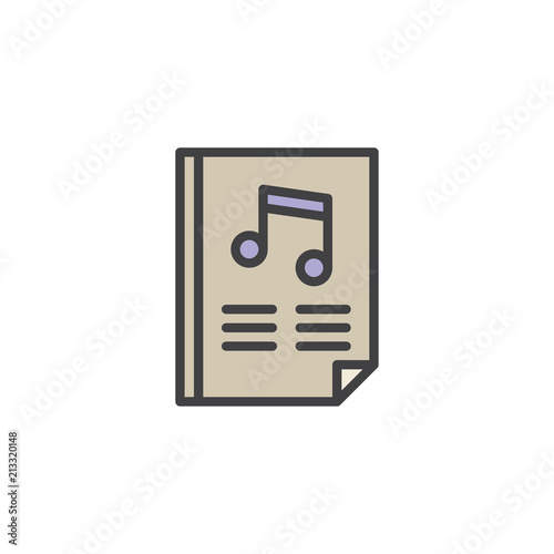 Paper with music note filled outline icon, line vector sign, linear colorful pictogram isolated on white. Song book symbol, logo illustration. Pixel perfect vector graphics