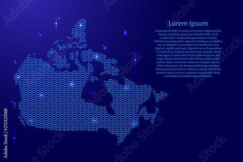 Canada map country abstract silhouette from wavy blue space sinusoid lines and glowing stars. Contour state of creative luminescence curve. Vector illustration.