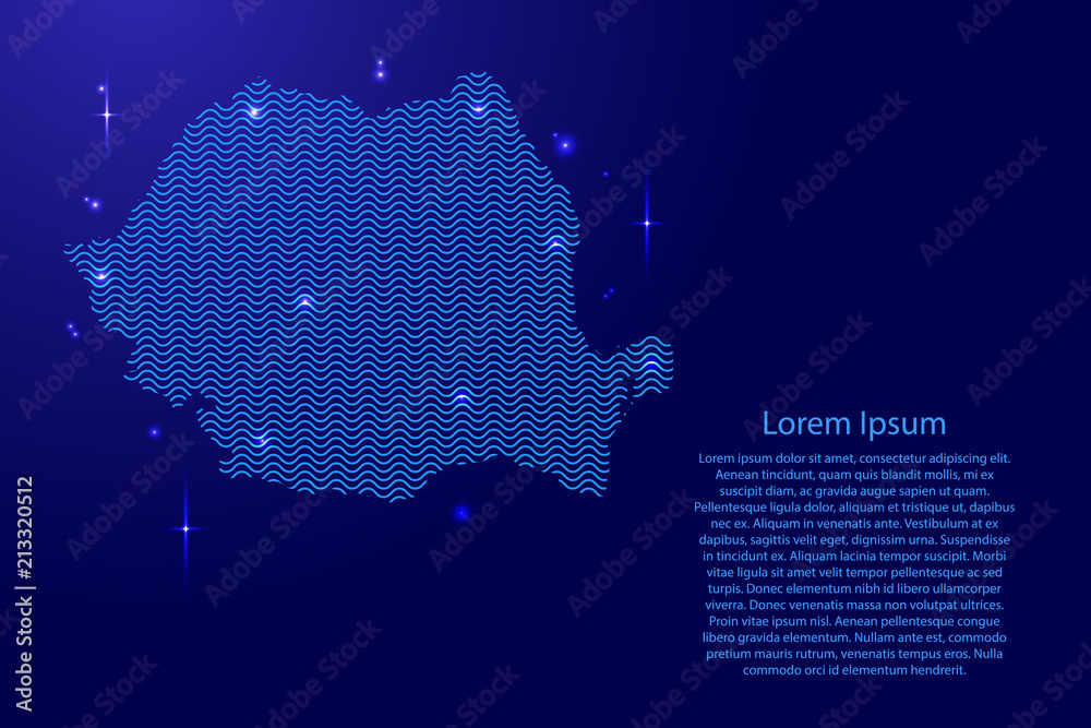 Romania map country abstract silhouette from wavy blue space sinusoid lines and glowing stars. Contour state of creative luminescence curve. Vector illustration.