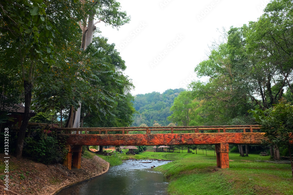 Beautiful nature forest with concrete bridge hanging bridge over the stream and mountain in Thailand Beautiful nature forest with concrete bridge hanging bridge over the stream and mountain in Thailand