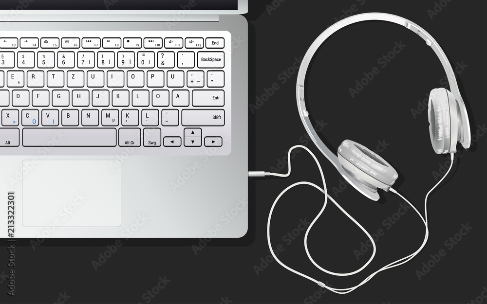 The headphones and the laptop are on the table, connected to each other. Listening to music from the laptop. A white laptop on a black table. EPS 10 vector illustration The headphones and the laptop are on the table, connected to each other. Listening to music from the laptop. A white laptop on a black table. EPS 10 vector illustration