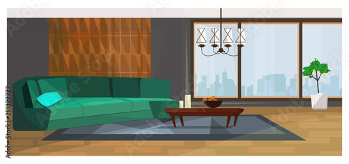 Luxurious living room with panoramic window vector illustration. Modern room with green sofa and stylish chandelier above coffee table. Coziness concept