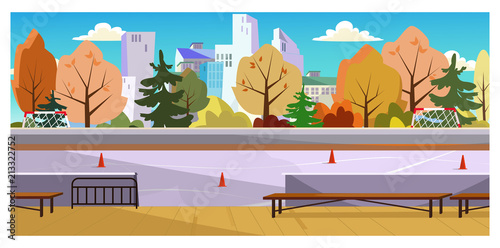 Roller-skating space with traffic cones vector illustration. City court with autumn trees around. Recreation concept