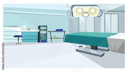 Surgery room with operating table with vector illustration. Modern operating room with lamp and counters. Hospital concept
