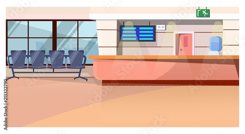 Waiting room with counter in airport vector illustration. Bright space with cooler, hanging screen and chairs in row. Airport concept