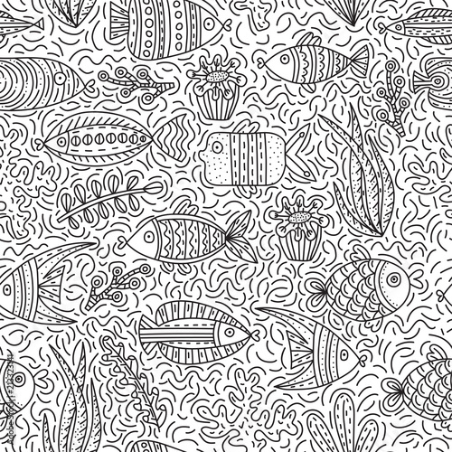 Seamless pattern with cute fishes and seaweeds