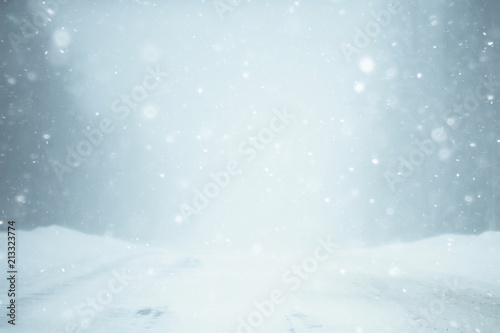 snow and fog on the winter road landscape / view of the seasonal weather a dangerous road, a winter lonely landscape