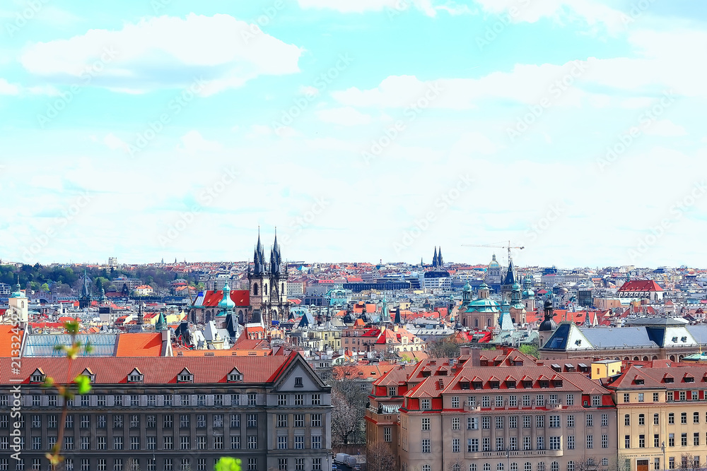 Obraz premium Prague view / panoramic landscape of the czech republic, Prague view with red roofs of houses from above, landscape in the European capital