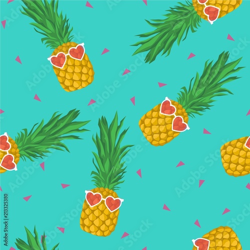Pineapple with sunglasses and triangles seamless pattern. Vector background.