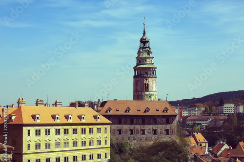 Czech krumlov landscape / travel tourism in the czech republic, panoramic view of the Czech city of Krumlov