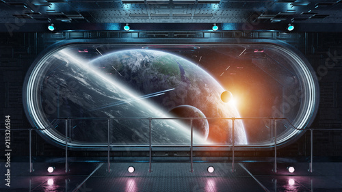 Fototapeta Naklejka Na Ścianę i Meble -  Black tech spaceship round window interior background 3D rendering