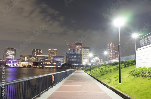 夜の豊洲ぐるり公園と商業施設