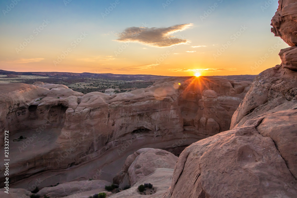 Sunrise over beautiful rock formations in Arches National Park, Utah