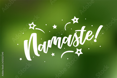 Namaste card. Beautiful greeting scratched calligraphy white text word stars. Hand drawn invitation design. Handwritten modern brush lettering green bokeh lights background vector