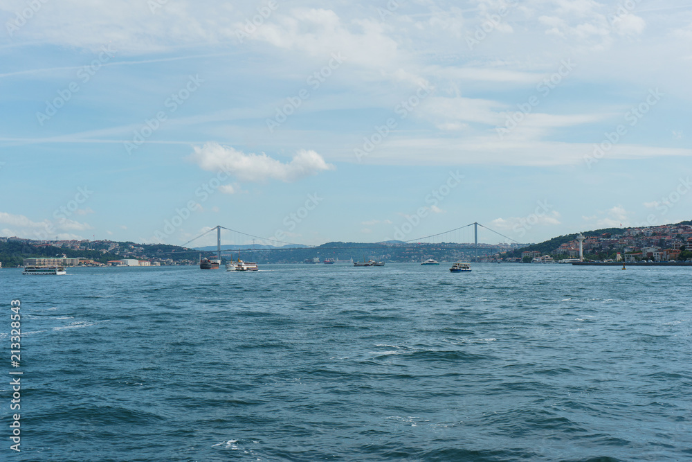 Panoramic view of Istanbul from the Bosphorus Strait.