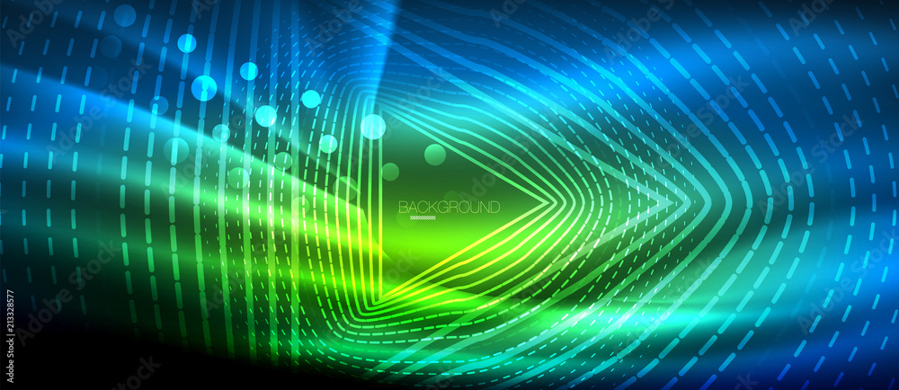 Neon glowing wave, magic energy and light motion background. Wallpaper template, hi-tech future concept Neon glowing wave, magic energy and light motion background. Wallpaper template, hi-tech future concept