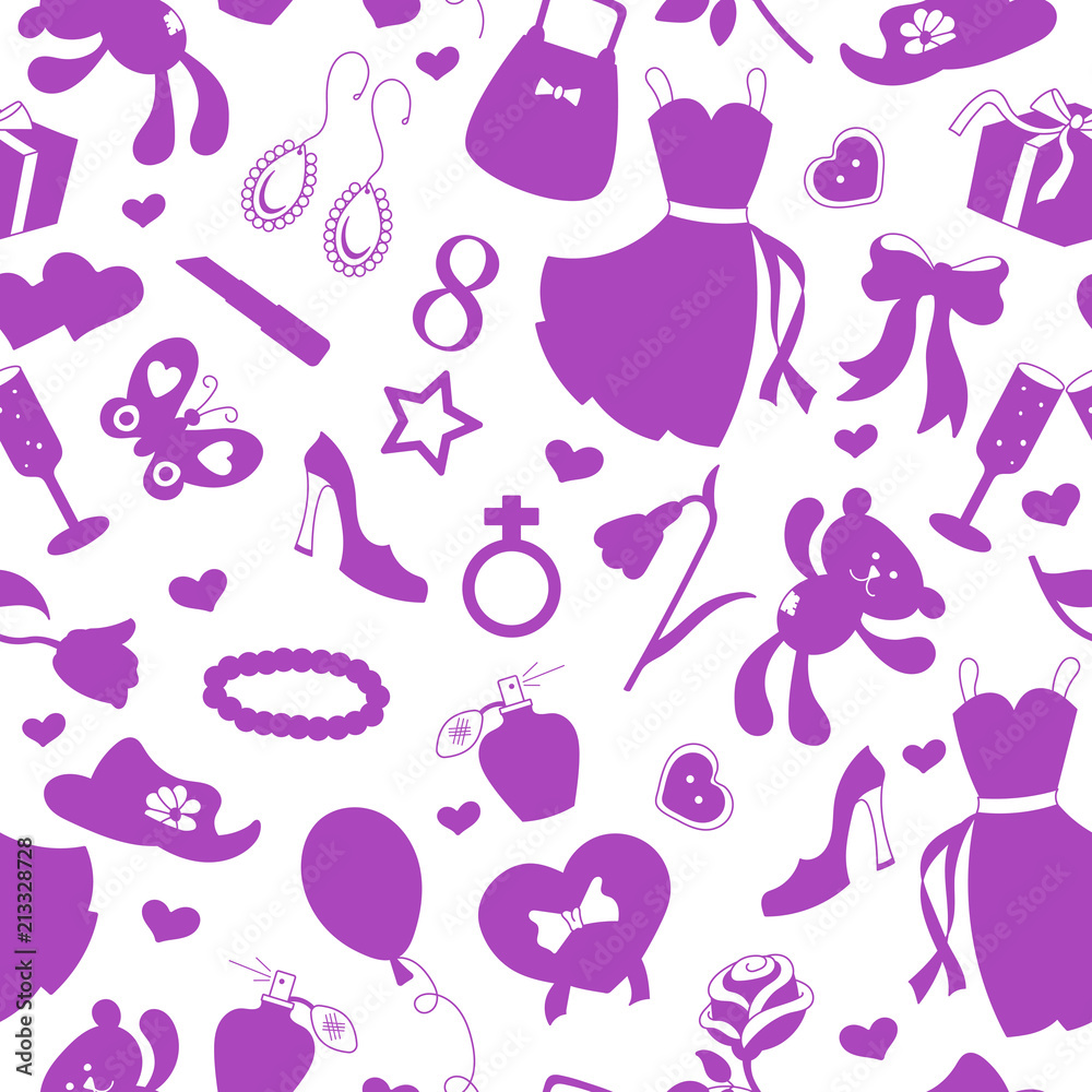 Seamless pattern on the theme of international women's day on 8 March,the outlines of objects purple icons on a white background 