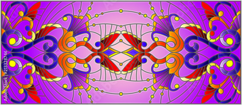 Illustration in stained glass style with abstract swirls,flowers and leaves on a purple background,horizontal orientation