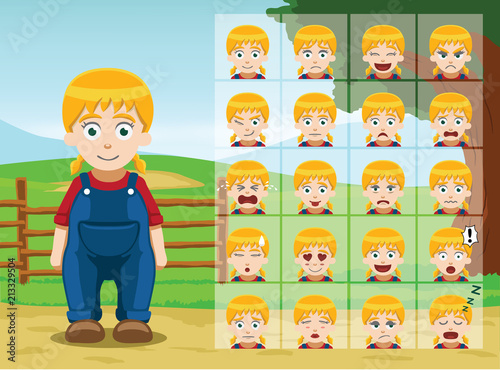 Farm Little Girl Cartoon Emotion faces Vector Illustration