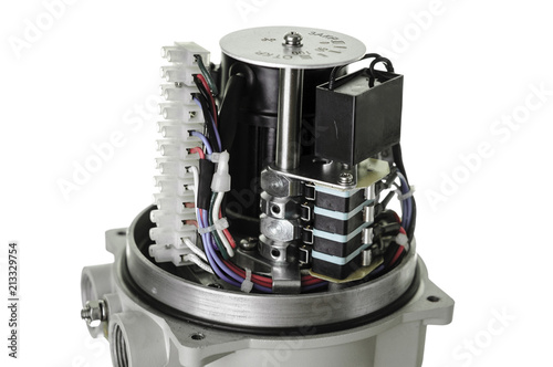 Small electric drive (actuator) gray colour for valves. Isolate . Еxplosion-proof