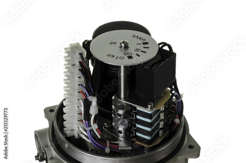 Small electric drive (actuator) gray colour for valves. Isolate . Еxplosion-proof. . Caption: open, closed.