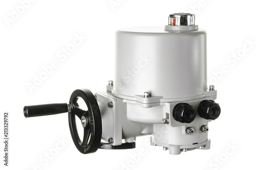 Small electric drive (actuator) gray colour for valves. Isolate . Еxplosion-proof. . Caption: open, closed.