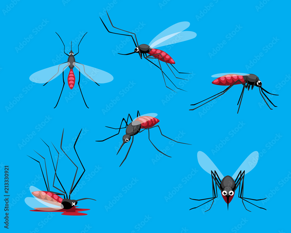 Cute Mosquito Various Poses Dead Cartoon Vector Illustration Stock ...