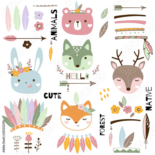 Cute tribal animals set. Wild animal vector illustration