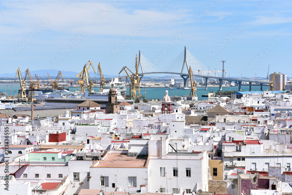 Overlooking Old center of Cadiz from the bell tower of the Santa Cruz Cathedral, Andalusia, Spain