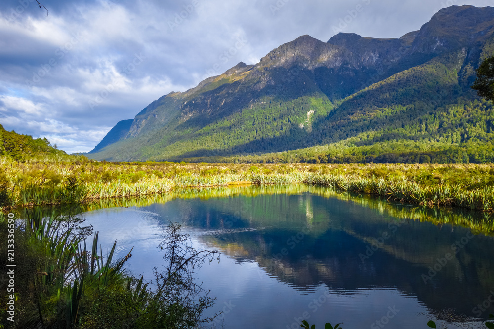 Lake in Fiordland national park, New Zealand