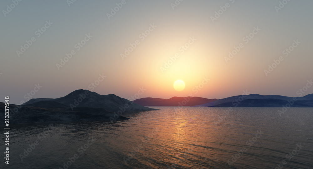 Sunset over the mountains by the sea