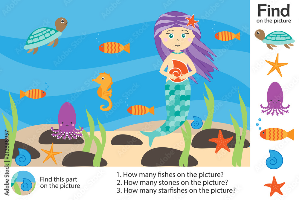 Activity page, mermaid under water in cartoon style, find images