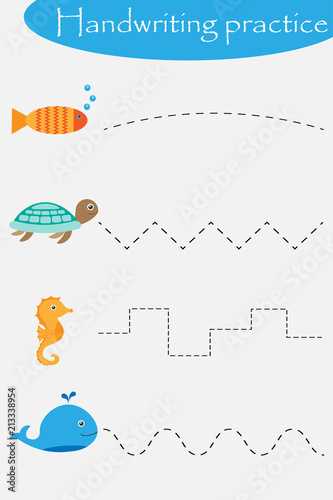 Ocean and sea animals (wheel, fish, turtle, seahorse), handwriting practice sheet, kids preschool activity, educational children game, printable worksheet, writing training, vector illustration