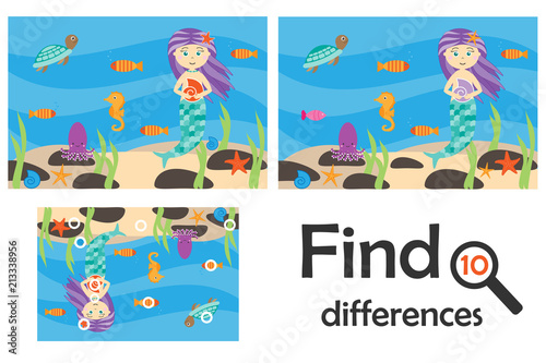Find 10 differences, game for children, mermaid underwater in cartoon style, education game for kids, preschool worksheet activity, task for the development of logical thinking, vector illustration