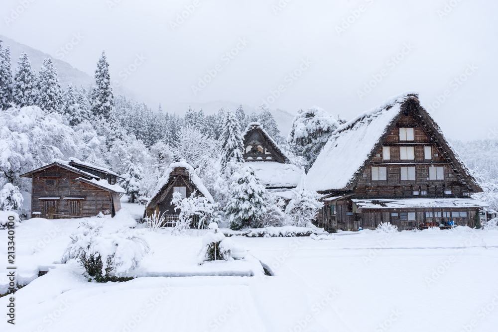 ancient houses and white snow is heavy and covered throughout  Shirakawa-go village in Gifu, Japan.